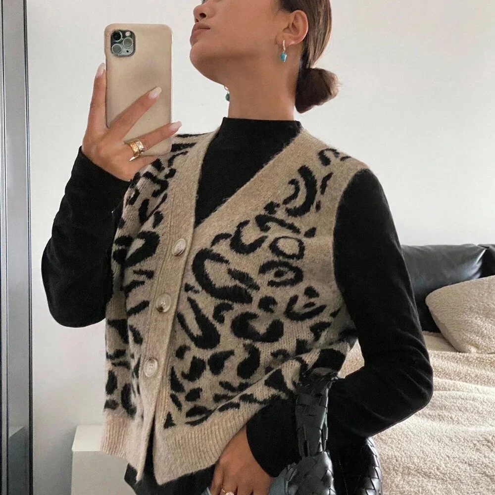 Multicolor Casual Women's Single Breasted V-Neck Leopard Print Knit sweater Vest